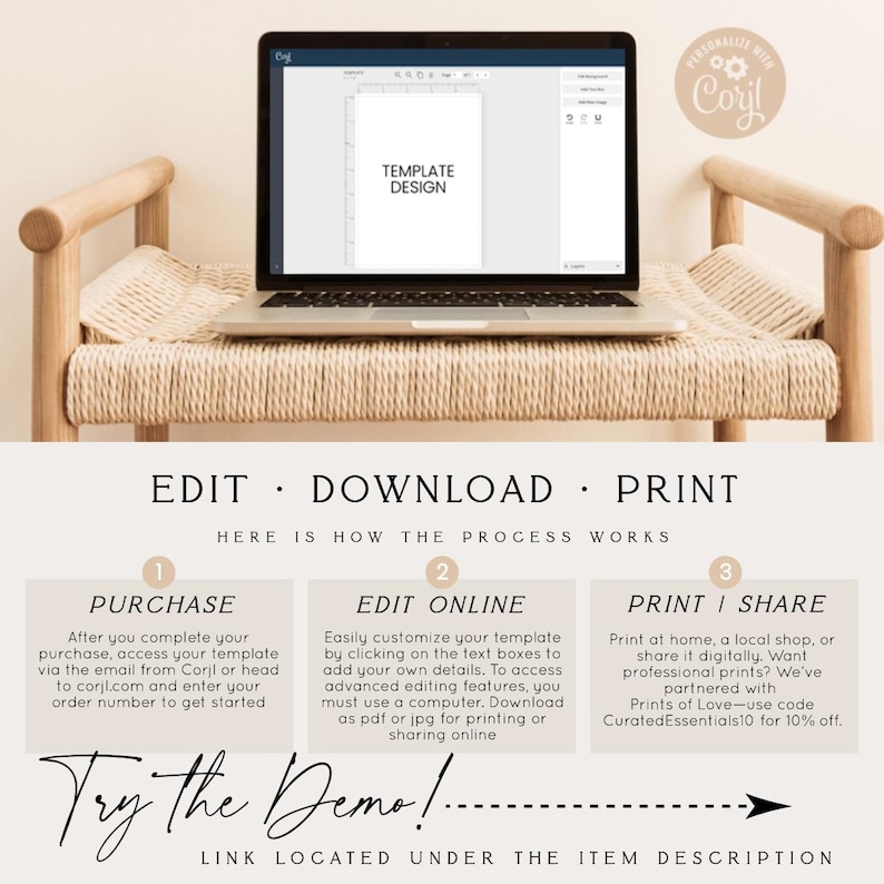 May include: A laptop displaying a template design sits on a woven bench. The image includes text that reads "Edit, Download, Print" and instructions for purchasing, editing, and printing. A circular logo says "Personalized with Corjl".
