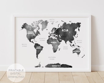 Black And White Playroom Map Print, Watercolor DIGITAL PRINT, Nursery Decor, Educational Wall Art, Homeschool, Montessori Kids Decor