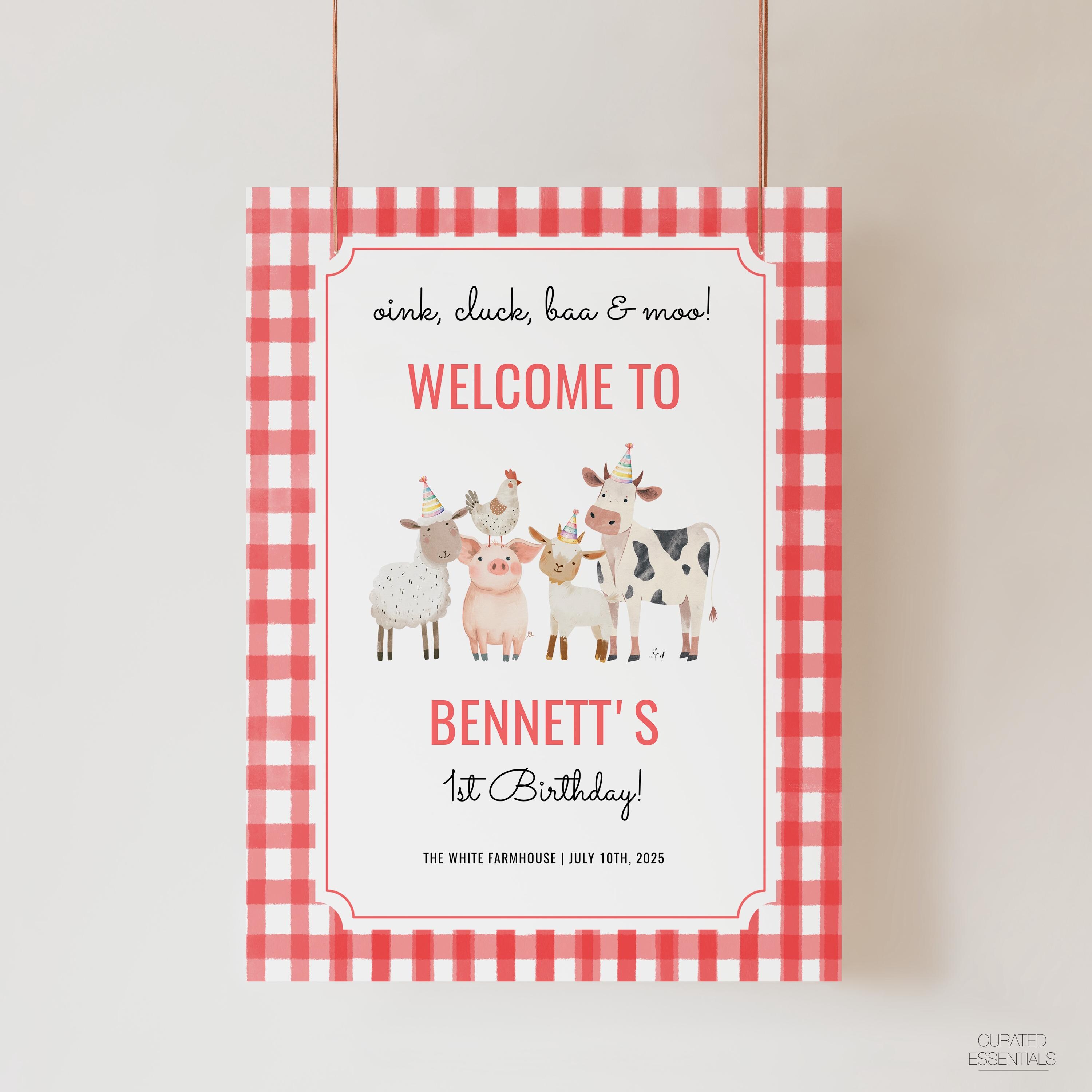 Farm Animals Birthday Welcome Sign, Oink Cluck Baa Moo Barnyard 1st ...