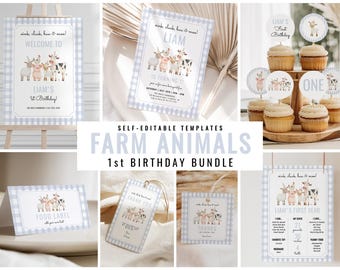 Editable Farm Animals Birthday Party Bundle, Blue Gingham Barnyard 1st Bday Invitation, Farm Girl Party Printables, Oink Cluck Baa Moo Decor