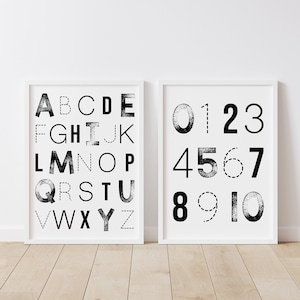 Black and White Alphabet and Numbers Set of 2 Prints, Printable Wall Art, Playroom Decor, Alphabet Poster, Kids Room Decor, DIGITAL DOWNLOAD