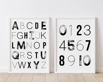 Black and White Alphabet and Numbers Set of 2 Prints, Printable Wall Art, Playroom Decor, Alphabet Poster, Kids Room Decor, DIGITAL DOWNLOAD