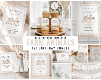 Oink Cluck Baa Moo Farm 1st Birthday Bundle, Tan Gingham Barnyard Party Decor, Editable Invite, Sign, Toppers & Labels