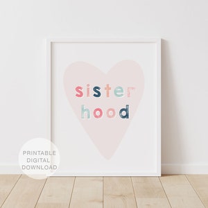 Sisterhood Heart Print, Girls Wall Art, Sisters Printable Art, Pink Navy, Sisters Prints, Girly Prints for Girls