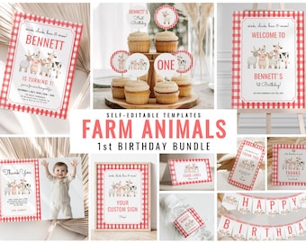 Farm Animals First Birthday Party Bundle, Oink Cluck Baa Moo Barnyard 1st Birthday, Red Gingham Farm Animal Party Decor