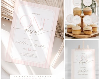 Onederful 1st Birthday Party Bundle, Pink Stripe Girl Birthday, Editable Invitation Welcome Sign Cupcake Toppers, First Birthday Decor