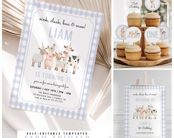 Oink Cluck Baa Moo Farm Animals 1st Birthday Bundle, Barnyard Editable Invitation, Welcome Sign & Cupcake Toppers