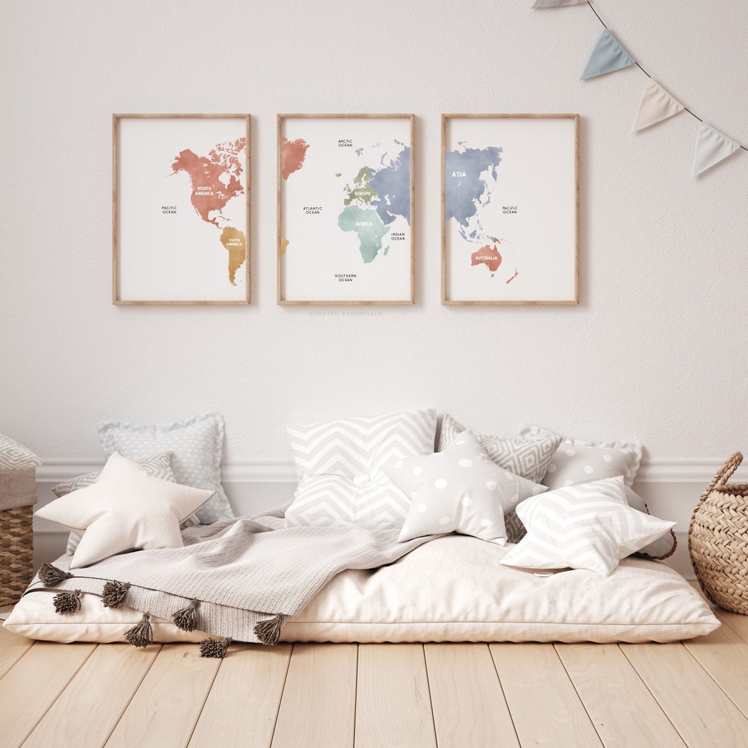 World Map 3 Piece Wall Art Prints, Earthy Neutral World Travel Map ...