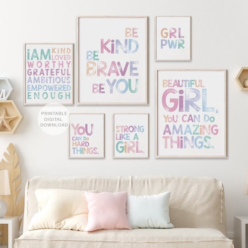 Conjunto de 6 láminas con mensajes inspiradores de arcoíris rosa para niñas, arte mural imprimible, decoración para habitación de niñas, afirmaciones para niños, arte imprimible, DESCARGA DIGITAL
