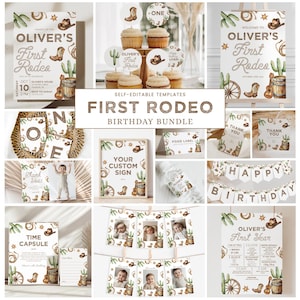 First Rodeo Birthday Party Bundle Boy, Editable Cowboy 1st Birthday Decorations, Western Theme Printable Birthday Decor Set, CE027