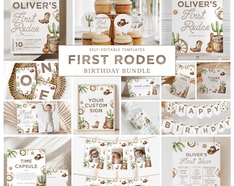 Erster Rodeo-Geburtstagsfeier-Bundle-Junge, bearbeitbare Cowboy-Dekoration zum 1