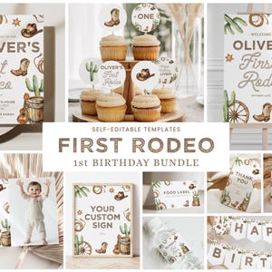 Cowboy First Rodeo Birthday Party Bundle, Editable Cowboy Western 1st Birthday Decorations, Birthday Bundle, CE027