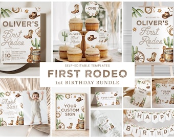 Puede incluir: Un conjunto de suministros para fiestas temáticas de "First Rodeo", que incluyen invitaciones, adornos para cupcakes, un letrero de bienvenida y una pancarta. Los diseños presentan botas de vaquero, sombreros, cactus y una guitarra. La invitación dice "Oliver's First Rodeo".