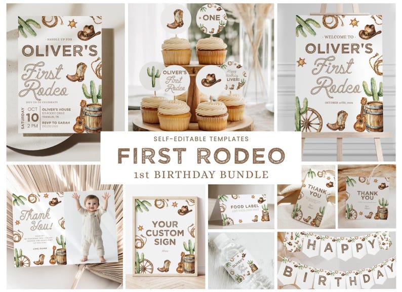 Cowboy First Rodeo Birthday Party Bundle, Editable Cowboy Western 1st ...