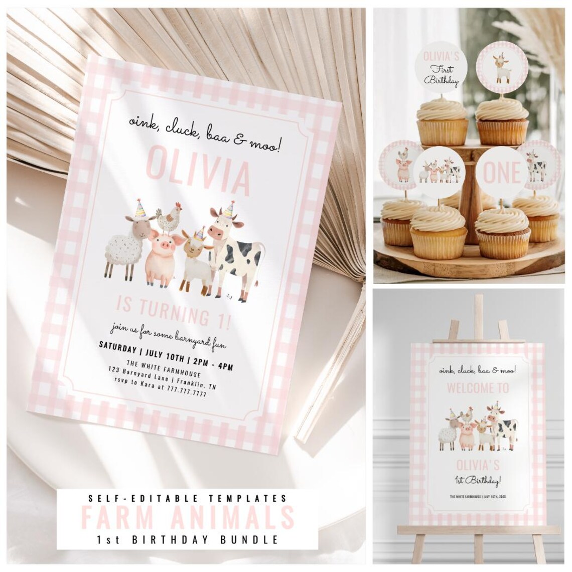 Pink Gingham Farm Animals 1st Birthday Party Bundle, Oink Cluck Baa Moo ...
