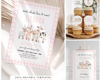 Pink Gingham Farm Animals 1st Birthday Party Bundle, Oink Cluck Baa Moo Invitation, Welcome Sign & Cupcake Toppers, Editable Template