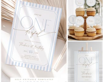 Isn’t He Onederful 1st Birthday Bundle, Blue Stripe Invitation, Welcome Sign & Cupcake Toppers, Editable