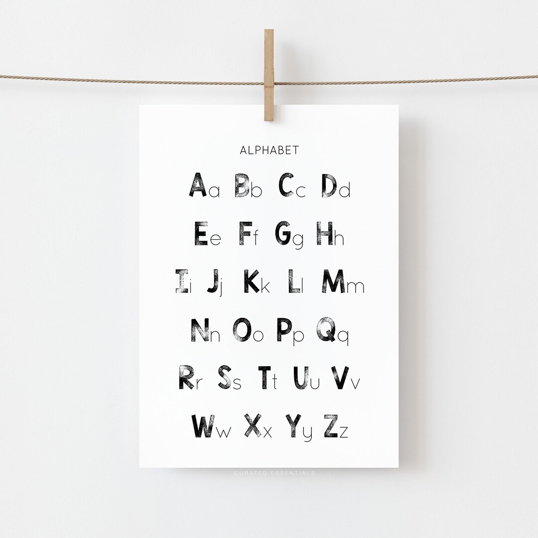 Black & White Alphabet Poster, Printable Educational Wall Art, ABC