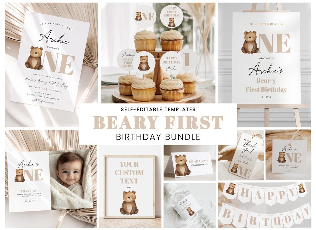 Beary First Birthday Party Bundle, Bear 1st Birthday Decorations ...