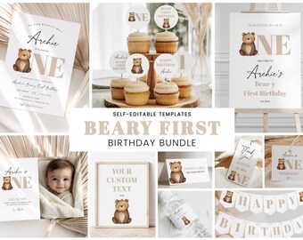 May include: A selection of party decorations with a bear theme. Includes invitations, cupcake toppers, a sign, and a banner. The text "Beary First Birthday Bundle" is displayed.