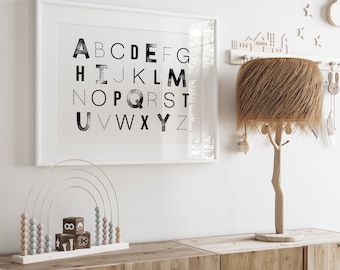 Black and White Alphabet DIGITAL PRINT, Kids Horizontal ABC Print, Neutral Nursery Decor, Playroom Decor, Kids Room Decor, Baby Shower Gift