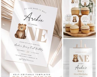 Beary 1st Birthday Bundle, Teddy Bear Party Invitation, Welcome Sign & Cupcake Toppers, Editable Template