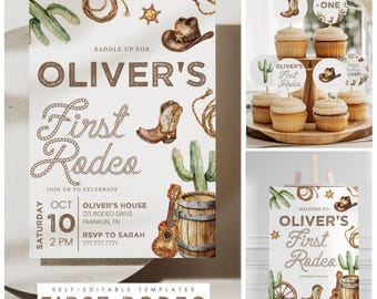First Rodeo Birthday Party Bundle, Editable Cowboy Invitation, Welcome Sign & Cupcake Toppers, Western Rodeo Birthday Decor