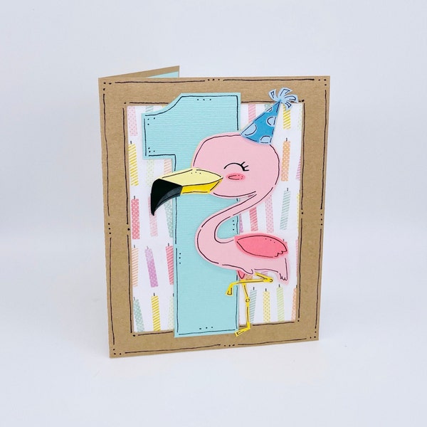 Girl’s 1st Birthday Flamingo Handmade Baby Greeting Card