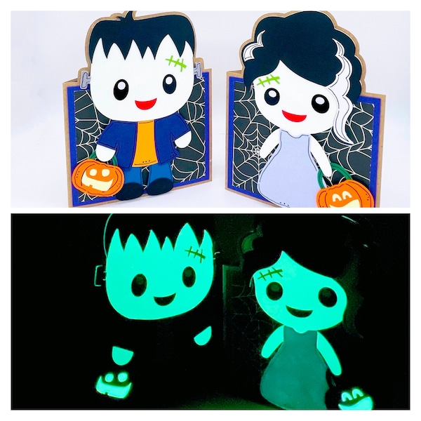 Glow in the Dark Frankie-stein and Bride of Frankie-stein Halloween Handmade Greeting Card