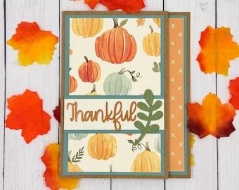 Simple Thankful Handmade Thanksgiving Card; Personalize Blank Notecard; Universal Fall and Thanksging Greeting; Pumpkin Theme Autumn Card
