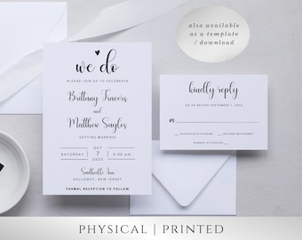 May include: A white wedding invitation with black calligraphy text. The invitation reads "we do" and includes the names Brittany Fravers and Matthew Sayles, the date October 7, 2023, and the time 5:00 pm. The invitation also includes the location Smithville Inn, Galloway, New Jersey. A separate white RSVP card reads "kindly reply" with a space to accept or decline the invitation and a space to indicate the number of guests attending.