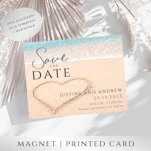 Beach Save the Date Magnet – Heart Design, Destination Wedding Save the Date Magnet, Coastal Wedding Announcement
