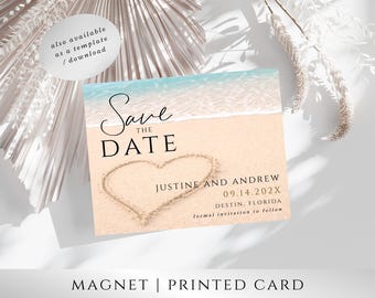 Beach Save the Date Magnet – Heart Design, Destination Wedding Save the Date Magnet, Coastal Wedding Announcement