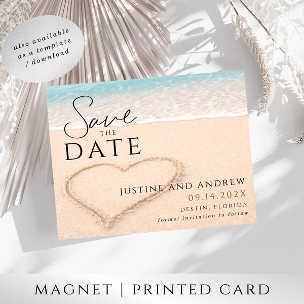 Beach Save the Date Magnet – Heart Design, Destination Wedding Save the Date Magnet, Coastal Wedding Announcement