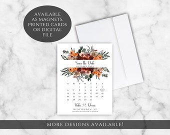 May include: Save the Date card with a floral design in shades of red, orange, and green. The card features a calendar with October 202X highlighted. The text "Save the Date" and "Katie & Deom" are printed on the card. The card is available as a magnet, printed card, or digital file.