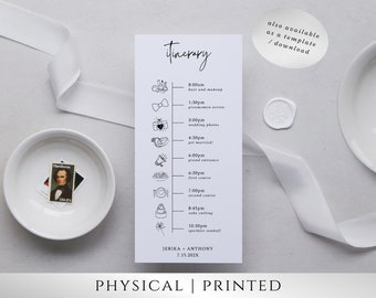 Wedding Itinerary | Printed 4" x 8" Cards with Icons and Minimalist Design with Script Font