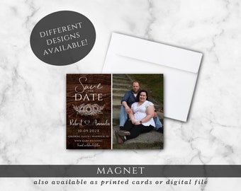 May include: Save the Date magnet with a rustic wood background and a couple sitting on a stone staircase. The text reads "Save the Date" with a heart and the names "Robert & Amanda" and the date "10.09.202X".