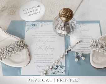 Dusty Blue Floral Printed Wedding Invitations with Pocket Folder; Deposit