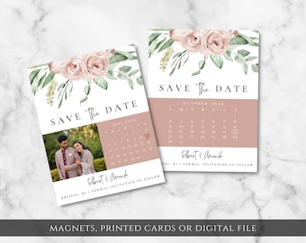 May include: Save the date card with a floral design and a photo of a couple. The card includes a calendar with the date circled in red. The text on the card reads "Save the Date" and "Robert & Amanda".