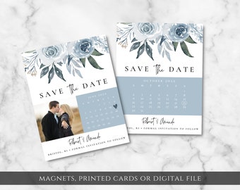 Dusty Blue Floral Calendar With or Without Photo Save the Date Magnets, Printed Cards or Digital File