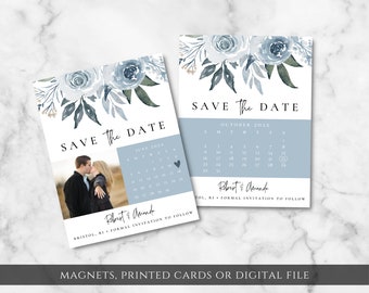 May include: Blue and white watercolor floral save the date card with a calendar and a photo of a couple. The text on the card reads "Save the Date" and "Robert & Amanda".