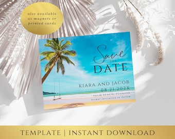 Beach Save the Date Template – Palm Swing Design, Destination Wedding, Coastal Wedding STD, Editable Templett, Instant Download