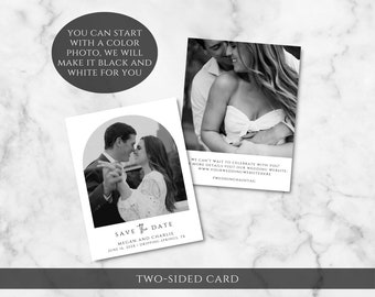 May include: Black and white wedding save the date card with a photo of a couple dancing under an arch. The text reads "Save the Date" with the couple's names and wedding date. The back of the card has a photo of the couple embracing and text that says "We can't wait to celebrate with you! More details visit our wedding website: www.yourweddingwebsitehere #weddinghashtag"