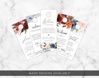 Floral Wedding Hotel Door Hangers; Burgundy, Blush, Navy, Gold, Fall, Dusty Blue and Burnt Orange florals