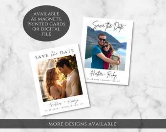 May include: Two save the date cards with a white background and black text. The cards feature a couple in a photo with the text "Save the Date" and the couple's names and wedding date. The text on the cards reads "Heather + Ricky 10.08.202X MIDDLEFIELD, CT".