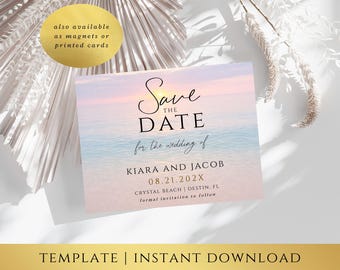 Beach Save the Date Template – Sunset Design, Destination Wedding Save the Date, Coastal Wedding STD, Editable Templett, Instant Download