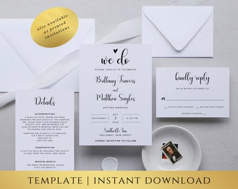 May include: A wedding invitation suite with a white background and black text. The main invitation features the text "we do" with a small heart above it. The invitation also includes the names Brittany Fravers and Matthew Sayles, the date and time of the wedding, and the location. The RSVP card includes the text "kindly reply" and a space for guests to indicate their attendance. The invitation is also available as printed invitations.