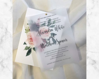 Burgundy Blush Vellum Layered Floral Wedding Invitation; Vellum Wedding Invitation; Customizable Invitation