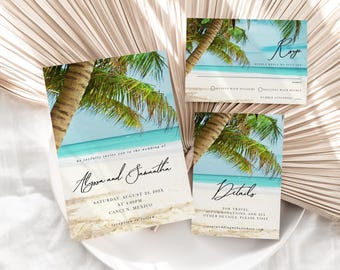 May include: Tropical wedding invitation suite with a beach scene and palm trees. The invitation card says "We joyfully invite you to the wedding of Alyssa and Samantha, Saturday, August 24, 202X at 4:00PM, Cancun, Mexico". The RSVP card says "RSVP with pleasure, RSVP with regret, Number attending". The details card says "Details, For travel accommodations and all other details, please visit ourweddingwebsite.com".