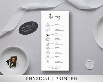 Wedding Itinerary | Printed 4" x 8" Cards with Icons and Minimalist Design with Script Font